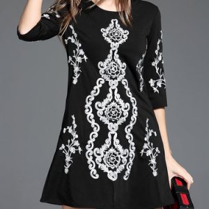 Black Casual Embroidered A-line Crew Neck Mini Dress