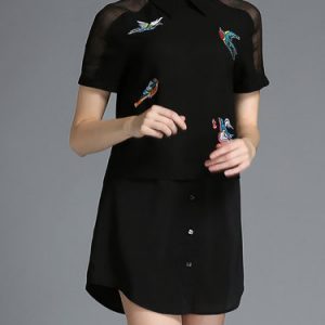 Black Casual H-line Embroidered Animal Print Mini Dress