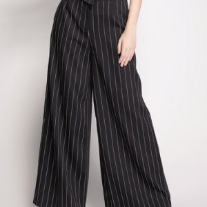 Black Casual H-line Stripes Pockets Wide Leg Pants