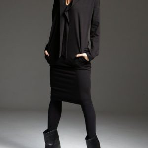 Black Casual Hoodie Gathered Midi Dress