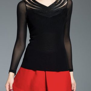 Black Casual Mesh Paneled Long Sleeved Top