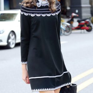 Black Casual Peter Pan Collar Color-block Wavy Embroidered Mini Dress