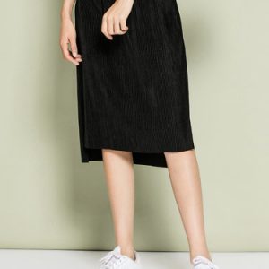 Black Casual Pleated High Low Slit Midi Skirt