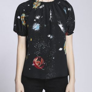 Black Casual Printed Silk Short Sleeved Top