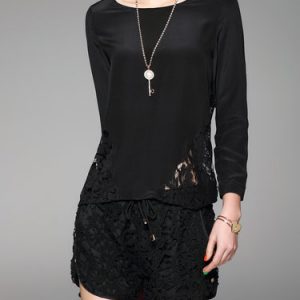 Black Casual Silk Crew Neck Blouse