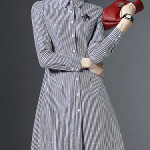 Black Casual Stripes Buttoned V Neck Shirt Dress