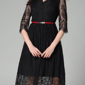 Black Casual V Neck Lace Paneled A-line Shirt Dress