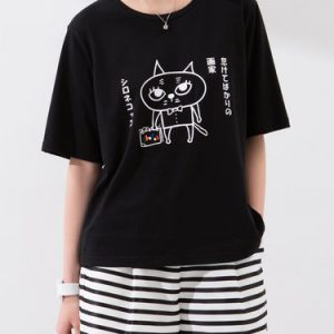 Black Cat Printed Cotton Short Sleeve T-Shirt