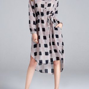 Black Checkered Long Sleeve Pockets Midi Dress with Belt