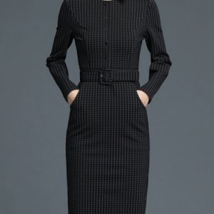 Black Checkered/Plaid Long Sleeve Crew Neck Midi Dress with Belt