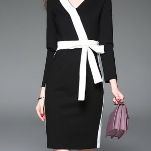 Black Color-block Asymmetrical Elegant Midi Dress with Belt