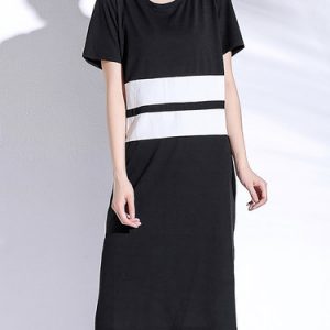 Black Color-block Stripes Casual H-line Midi Dress