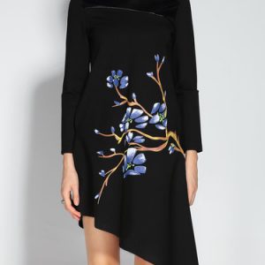 Black Cotton Asymmetrical Stand Collar Statement Midi Dress