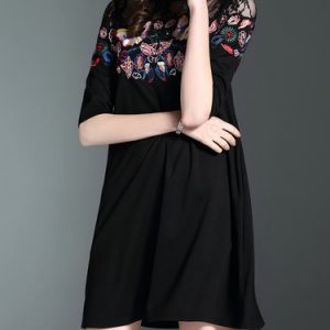 Black Cotton H-line Stand Collar Casual Embroidered Mini Dress