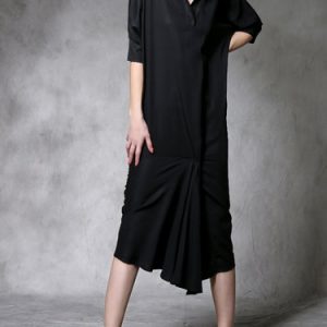 Black Cotton Half Sleeve Midi Dress