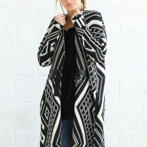 Black Cotton Vintage Printed Crew Neck Coat