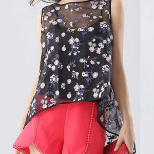 Black Cotton-blend Floral-embroidered Floral Sleeveless Tunic With Camis