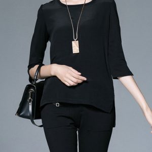 Black Cotton-blend Paneled Crew Neck Simple Long Sleeved Top