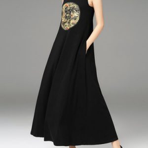 Black Cotton-blend Sleeveless Embroidered Maxi Dress