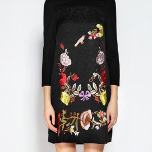 Black Crew Neck 3/4 Sleeve Floral-embroidered Mini Dress