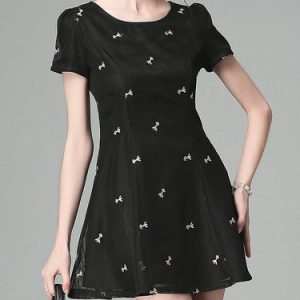 Black Crew Neck A-line Short Sleeve Mesh Mini Dress