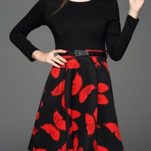 Black Crew Neck Butterfly Print Long Sleeve Mini Dress