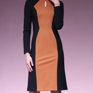 Black Crew Neck Color-block Cutout A-line Simple Midi Dress