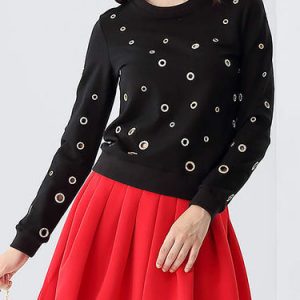 Black Crew Neck H-line Casual Pierced Long Sleeved Top