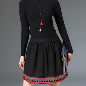 Black Crew Neck Knitted Paneled Casual Wool Blend Midi Dress