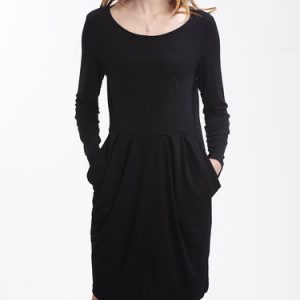 Black Crew Neck Long Sleeve Draped Knitted Midi Dress