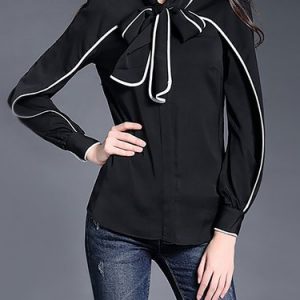 Black Crew Neck Long Sleeve Plain Color-block Blouse