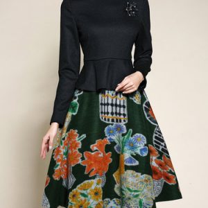 Black Crew Neck Long Sleeve Ruffled Printed Midi Dress