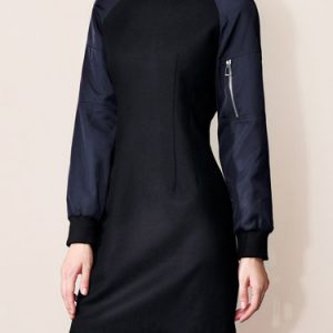 Black Crew Neck Long Sleeve Wool-blend Paneled Mini Dress