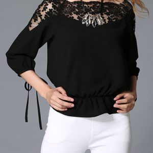 Black Crew Neck Mesh Paneled Casual Blouse