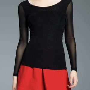 Black Crew Neck Plain Ruched Sheath Long Sleeved Top