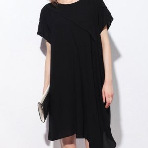 Black Crew Neck Plain Short Sleeve Mini Dress