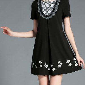 Black Crew Neck Polyester Floral Casual Mini Dress