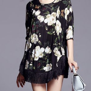 Black Crew Neck Polyester Fringed Casual Tunic