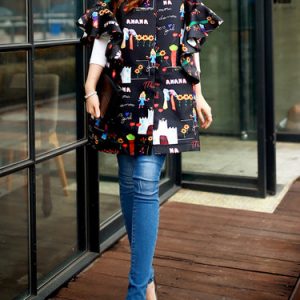 Black Crew Neck Printed Frill Sleeve Coat