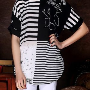 Black Crew Neck Stripes Short Sleeved Top