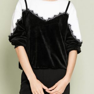 Black Crew Neck Velvet Paneled Lace Long Sleeved Top