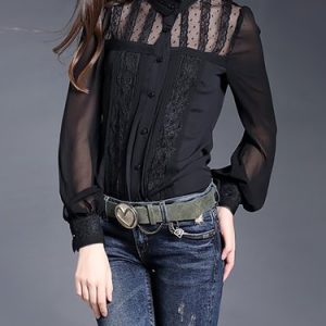 Black Crew Neck Work Plain Paneled Blouse