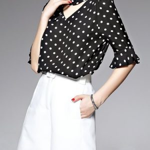 Black Cutout Casual Half Sleeve Polyester Polka Dots Blouse