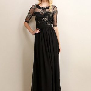 Black Cutout Lace-trimmed Half Sleeve Swing Evening Dress