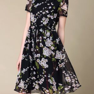 Black Elegant Crew Neck Chiffon Printed Midi Dress