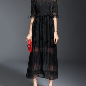 Black Elegant Mesh Paneled Plain Appliqued Maxi Dress with Camis