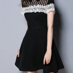 Black Elegant Pierced A-line Appliqued Mini Dress