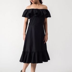 Black Elegant Solid Off Shoulder Flounce Midi Dress