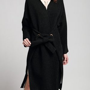 Black Elegant Solid Stand Collar Slit Coat with Belt