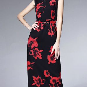 Black Elegant V Neck Painted Midi Dress